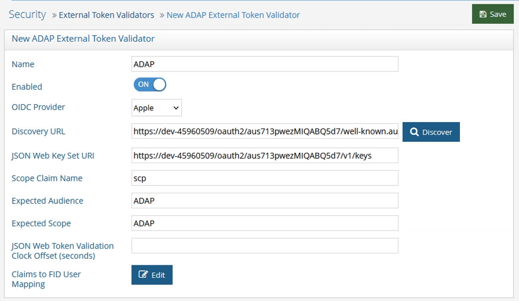 Configuring an ADAP External Token Validator