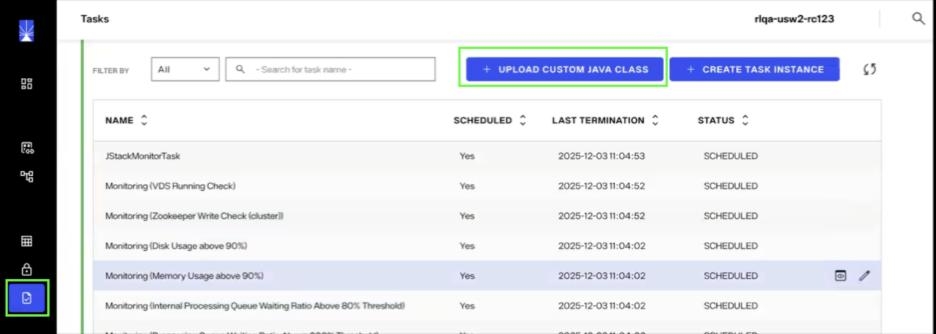 Tasks page with Upload Custom Java Class button highlighted