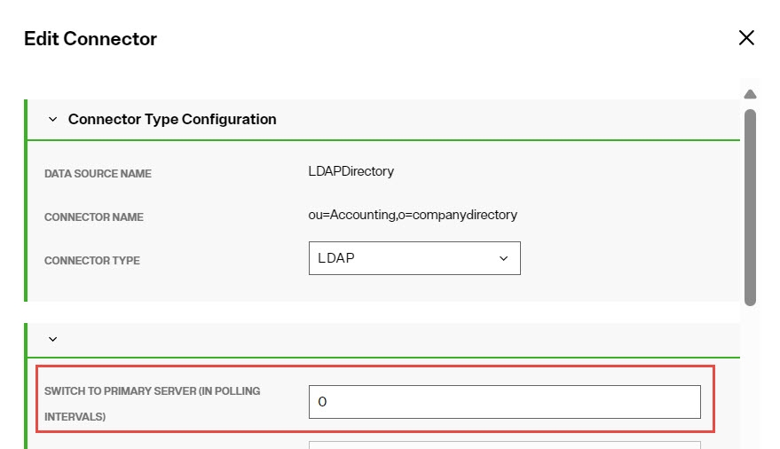 The Switch to Primary Server (in polling intervals) property with a value set to 0