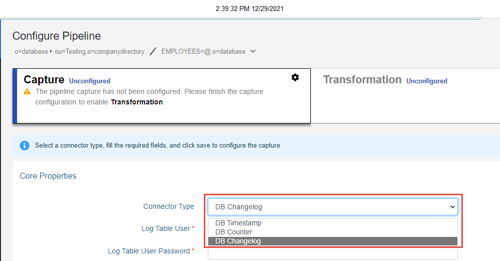 The drop-down list for Connector Type with DB Changelog selected, in the Core Properties section of Configure Pipeline