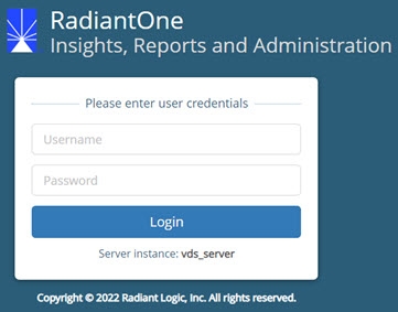 The RadiantOne Insights, Reports and Administration Console Login Page