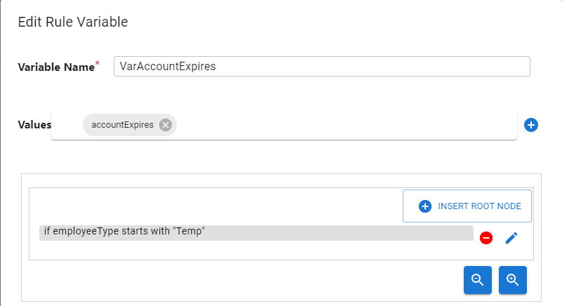 The "Edit Rule Variable" GUI where the variable named VarAccountExpires is set from the source attribute named accountExpires when the source attribute employeeType starts with a value named Temp