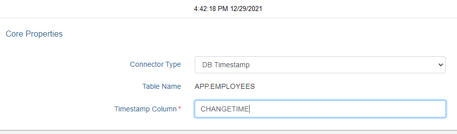 The Timestamp Column property value in the Core Properties section, which has been set as CHANGETIME