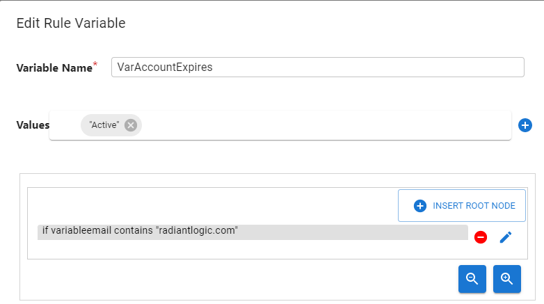 The "Edit Rule Variable" GUI where the variable named VarAccountExpires is set to a value of "Active" when the local variable named variableemail contains "radiantlogic.com"