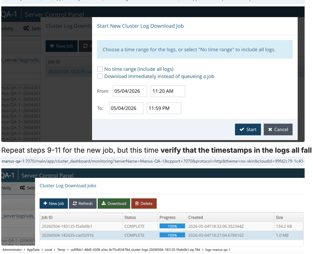 Cluster Log Download Jobs table