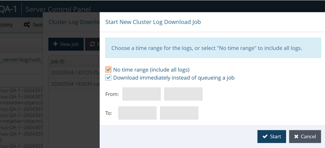 Start New Cluster Log Download Job modal