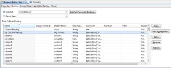 Data editor in the Binding tab