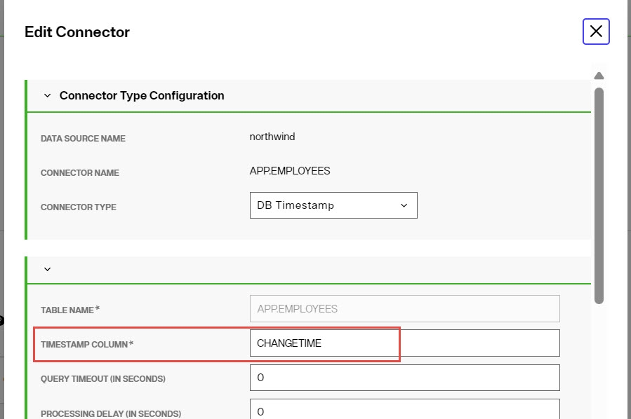 The Timestamp Column property value in the Core Properties section, which has been set as CHANGETIME