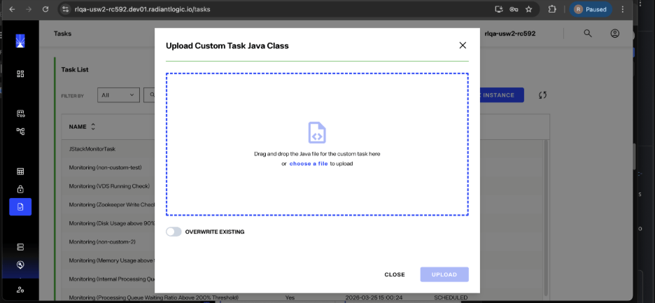 Upload Custom Task Java Class dialog