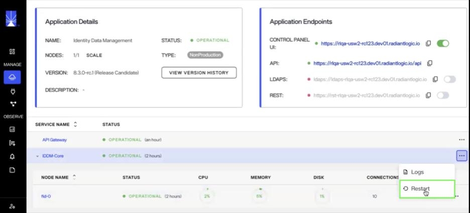 Environment Operations Center with Restart option highlighted